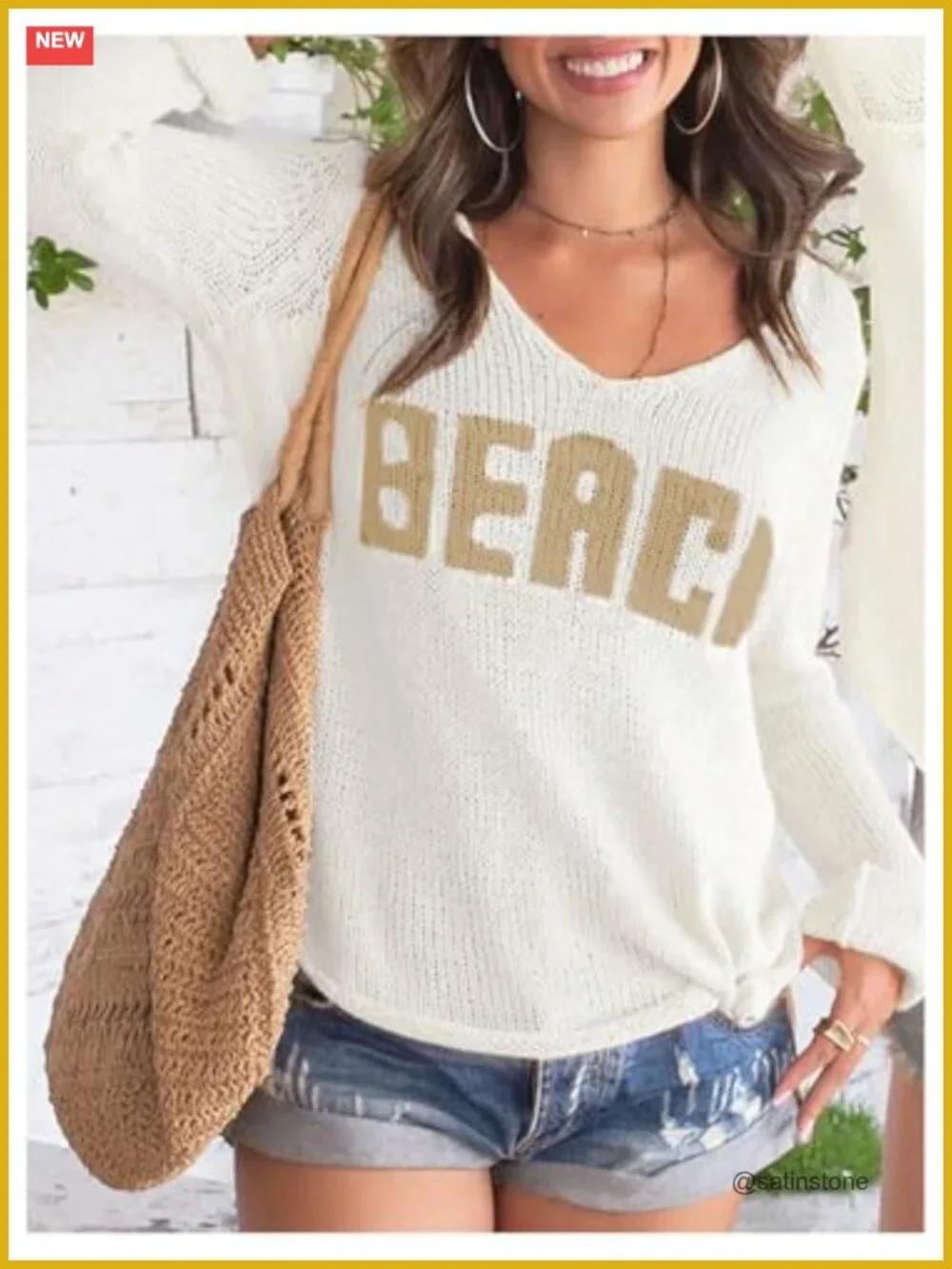 Long Sleeve V Neck Knit Crochet Cover Up Beach Sweater